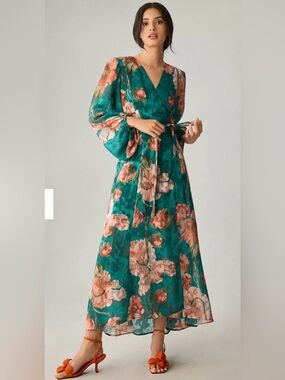 Hutch Floral Filcoupé Wrap Maxi Dress Teal Pink Small